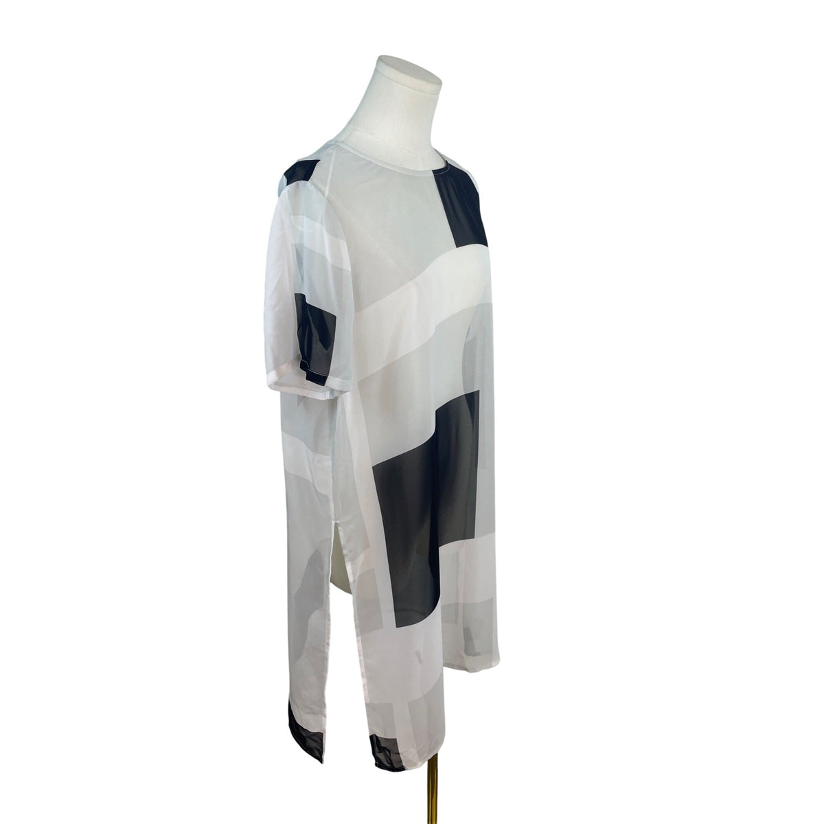 Vince Camuto Geometric Print Sheer Tunic Top White Black Short Sleeve Size L- New