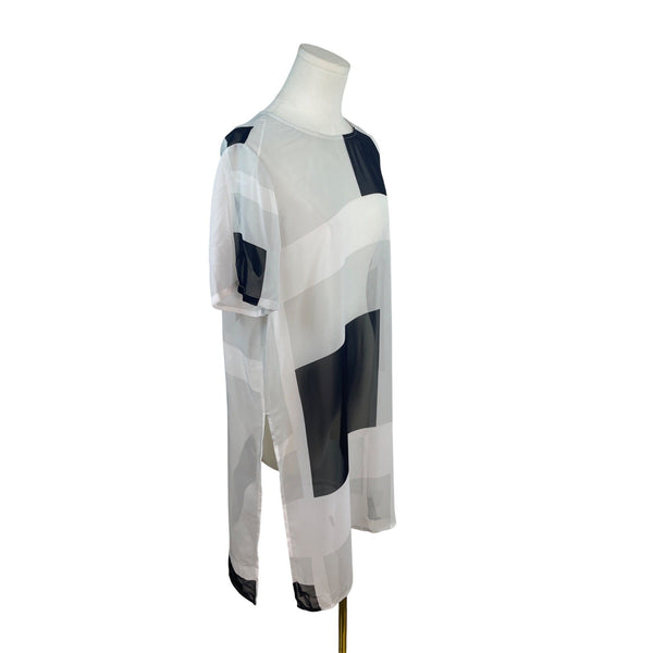 Vince Camuto Geometric Print Sheer Tunic Top White Black Short Sleeve Size L- New