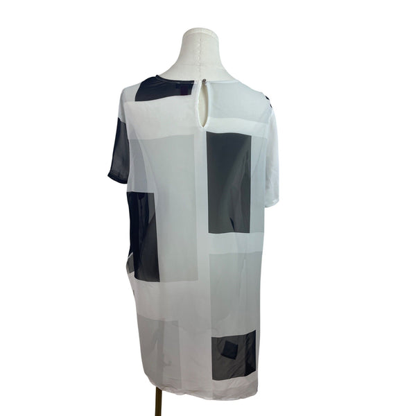 Vince Camuto Geometric Print Sheer Tunic Top White Black Short Sleeve Size L- New