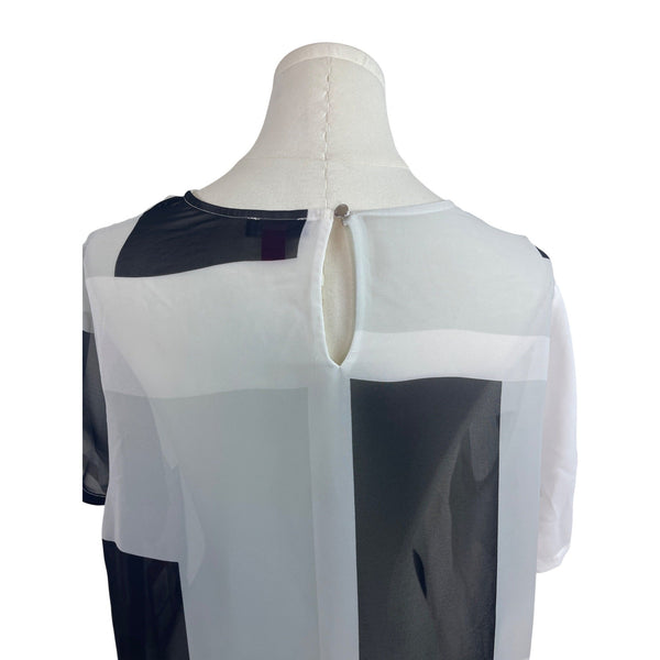 Vince Camuto Geometric Print Sheer Tunic Top White Black Short Sleeve Size L- New
