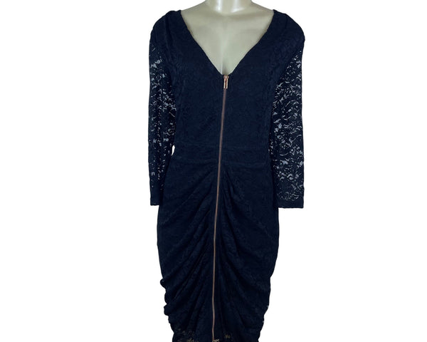 City Chic Womens Black Lace Ruched Midi Dress Zipper Detail Formal Size S/16