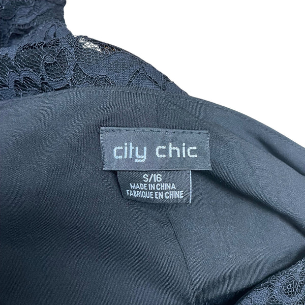 City Chic Womens Black Lace Ruched Midi Dress Zipper Detail Formal Size S/16