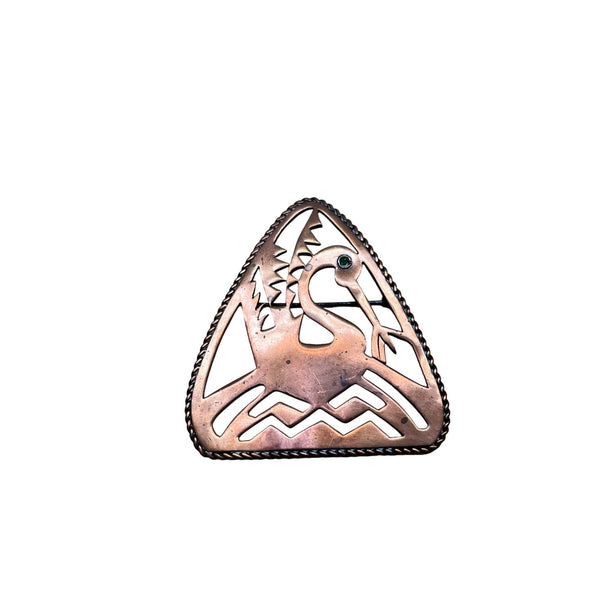 Vintage Copper Triangular Pin Brooch With Dragon Cutout Design & Blue Stone Accent