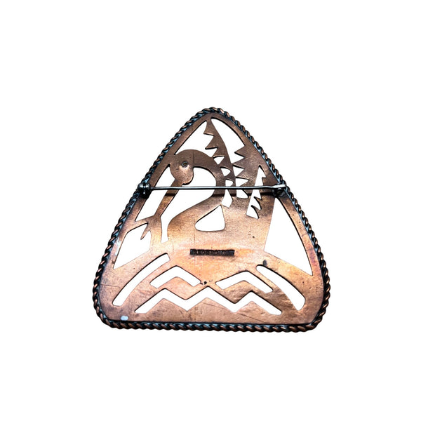 Vintage Copper Triangular Pin Brooch With Dragon Cutout Design & Blue Stone Accent