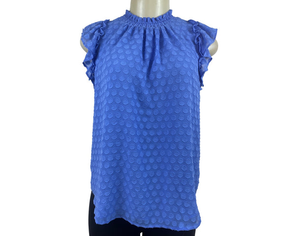 Loft Womens Blue Swiss Dot Textured Sleeveless Ruffled Blouse Sz SP - NEW