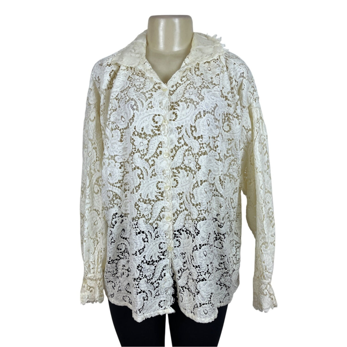 Ellen Tracy Womens Lace Cream Button-Down Top Size M
