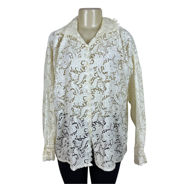 Ellen Tracy Womens Lace Cream Button-Down Top Size M