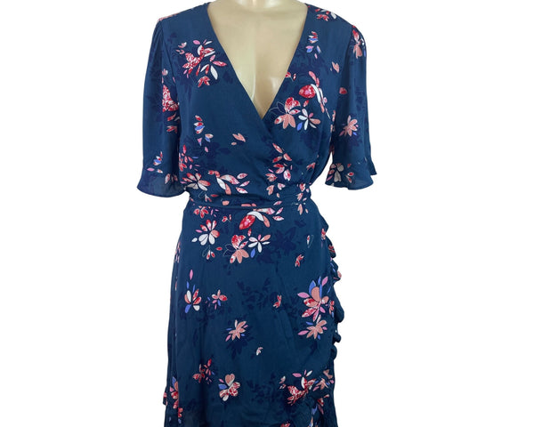 Lulus Blue Floral Wrap Dress With Ruffle Hem & Short Sleeves Size L