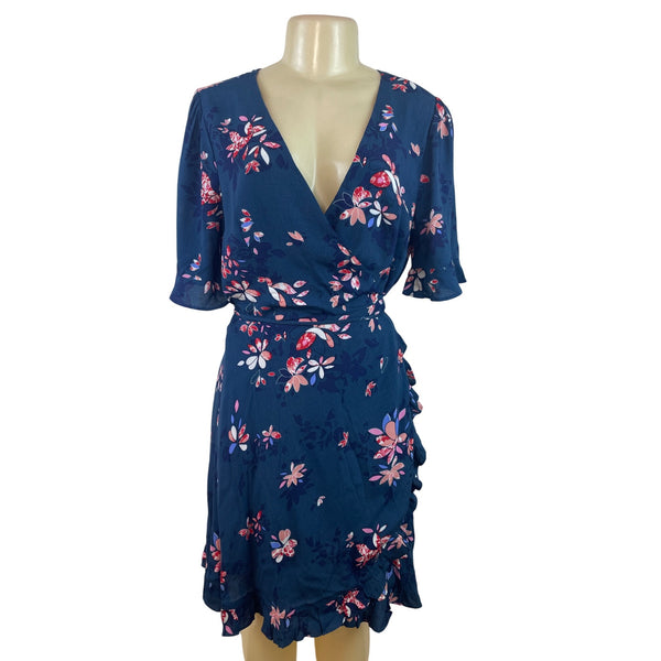 Lulus Blue Floral Wrap Dress With Ruffle Hem & Short Sleeves Size L