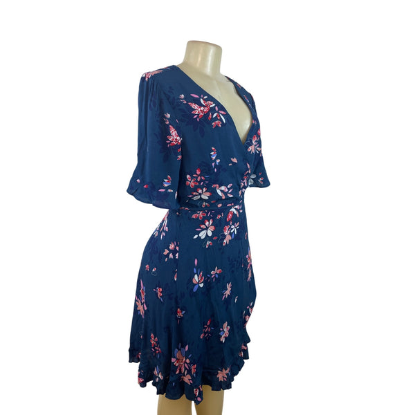Lulus Blue Floral Wrap Dress With Ruffle Hem & Short Sleeves Size L