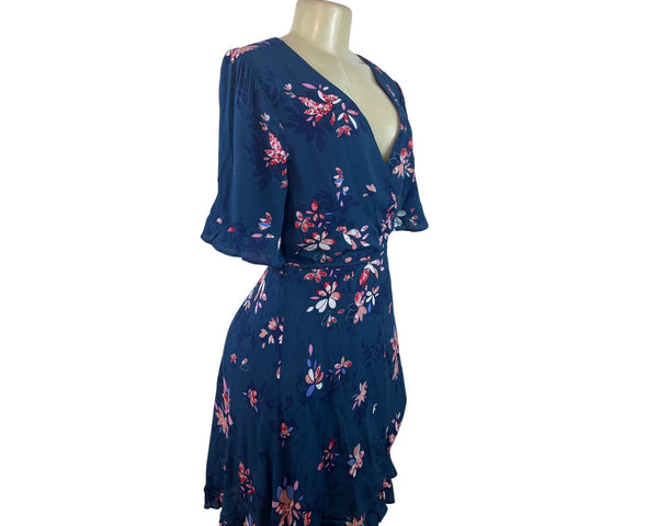 Lulus Blue Floral Wrap Dress With Ruffle Hem & Short Sleeves Size L