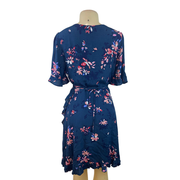 Lulus Blue Floral Wrap Dress With Ruffle Hem & Short Sleeves Size L