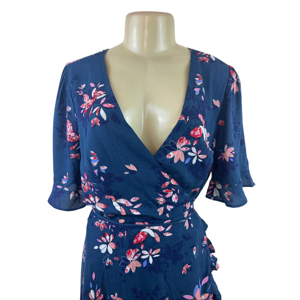 Lulus Blue Floral Wrap Dress With Ruffle Hem & Short Sleeves Size L