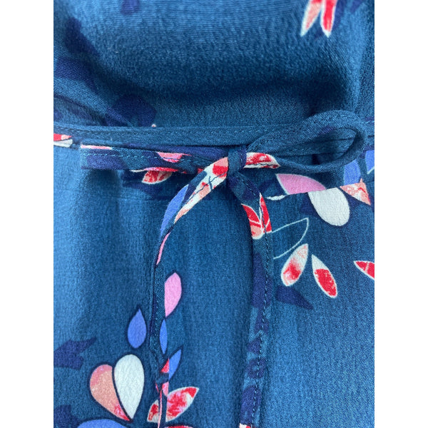 Lulus Blue Floral Wrap Dress With Ruffle Hem & Short Sleeves Size L