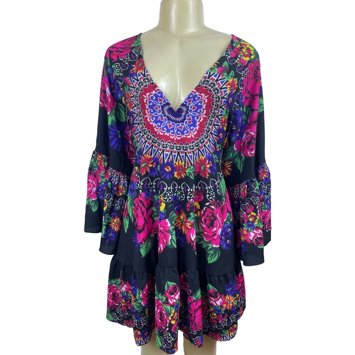Umgee Women’s Multicolor Low-Cut Boho Style V Collar Dress Sz M - NWT