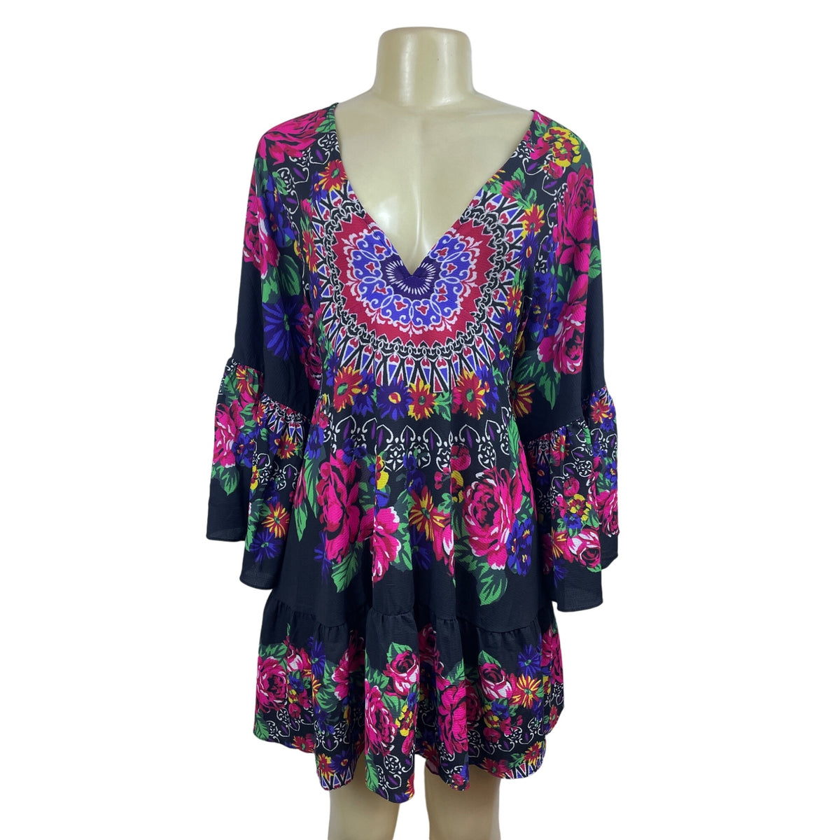 Umgee Women’s Multicolor Low-Cut Boho Style V Collar Dress Sz M - NWT