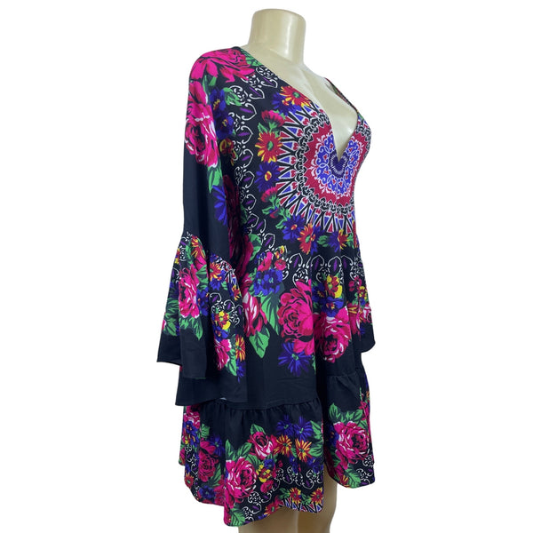 Umgee Women’s Multicolor Low-Cut Boho Style V Collar Dress Sz M - NWT