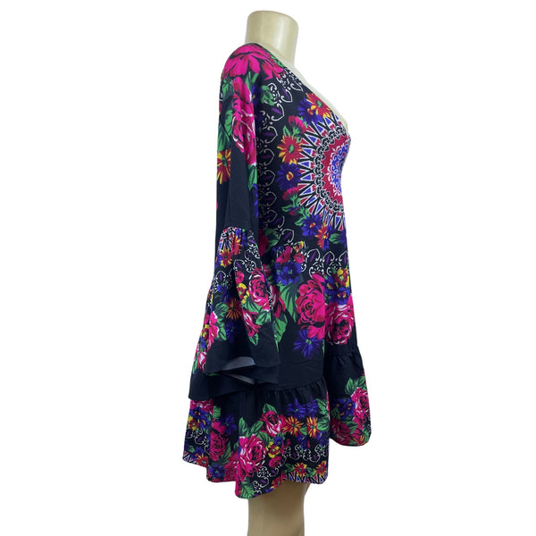 Umgee Women’s Multicolor Low-Cut Boho Style V Collar Dress Sz M - NWT