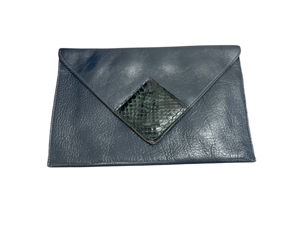 By David Mehler For Dame Navy Leather Envelope Clutch With Snake-Embossed Detail Vintage