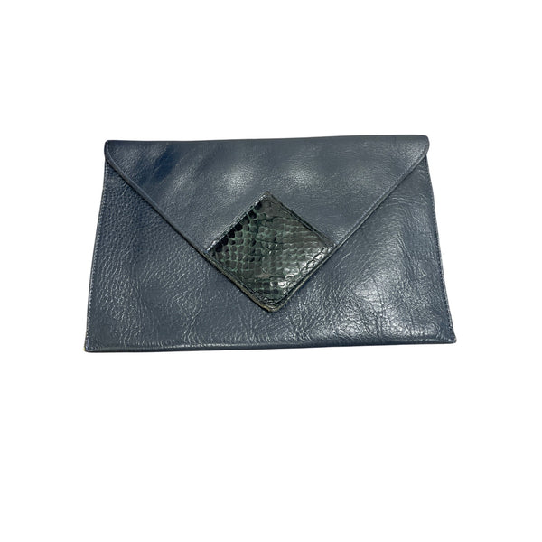 By David Mehler For Dame Navy Leather Envelope Clutch With Snake-Embossed Detail Vintage