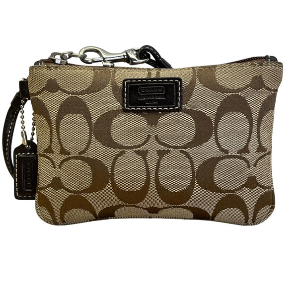 Coach Signature Brown Monogram With Leather Trim & Detachable Strap Wristlet Bag