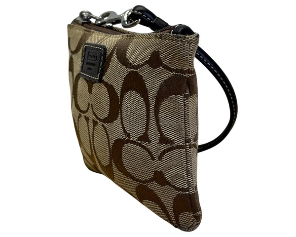 Coach Signature Brown Monogram With Leather Trim & Detachable Strap Wristlet Bag