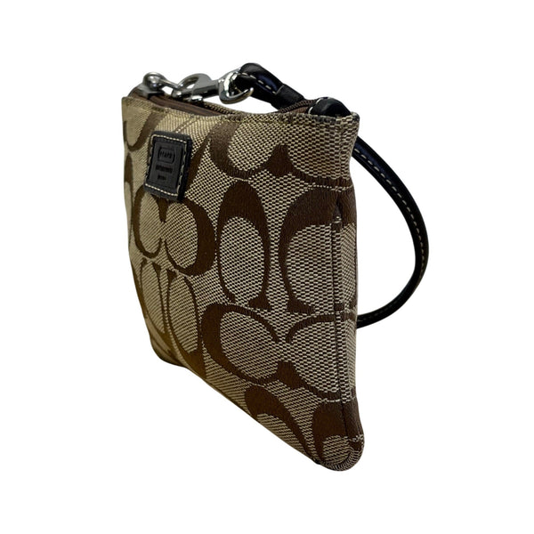 Coach Signature Brown Monogram With Leather Trim & Detachable Strap Wristlet Bag