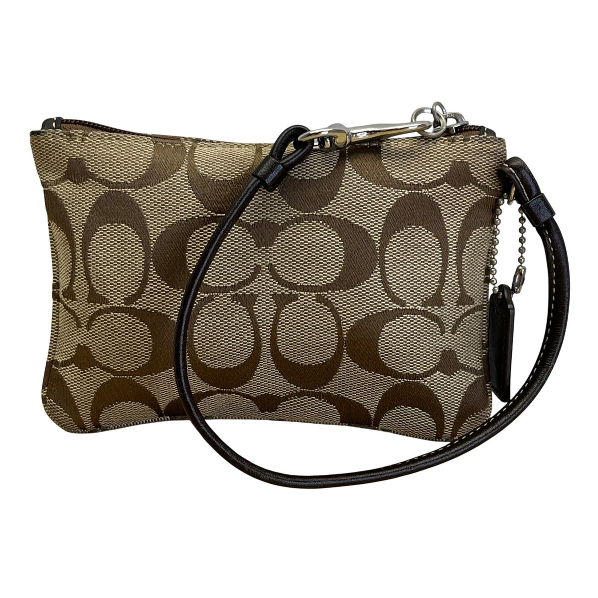 Coach Signature Brown Monogram With Leather Trim & Detachable Strap Wristlet Bag
