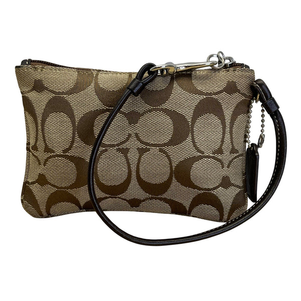 Coach Signature Brown Monogram With Leather Trim & Detachable Strap Wristlet Bag
