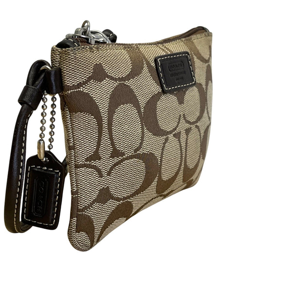 Coach Signature Brown Monogram With Leather Trim & Detachable Strap Wristlet Bag