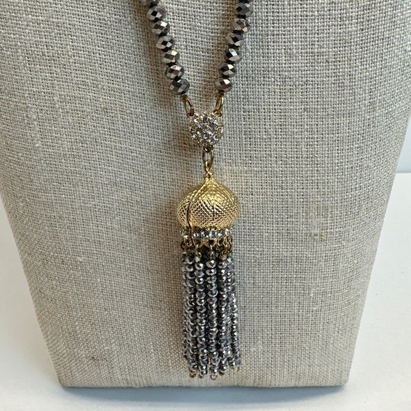Crystal Beads Necklace with CZ Silver Beads and Tassel - 32in