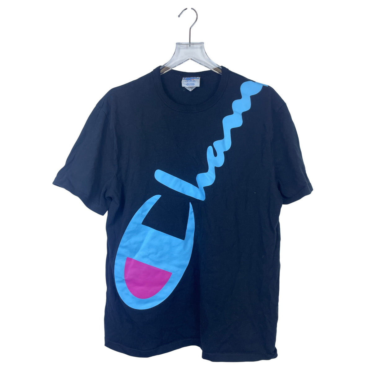 Champion Mens Black Cotton Graphic Tee Large Blue & Pink Vibrant Print Short Sleeve