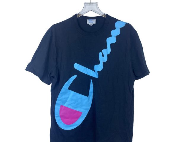Champion Mens Black Cotton Graphic Tee Large Blue & Pink Vibrant Print Short Sleeve
