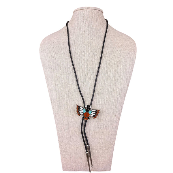 Black Silver Tone Thunderbird Inlay Western Bolo Tie Braided Leather Cord