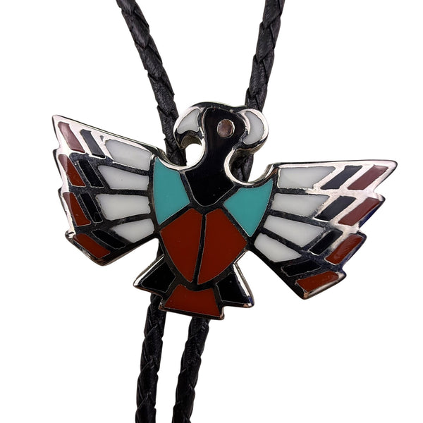 Black Silver Tone Thunderbird Inlay Western Bolo Tie Braided Leather Cord