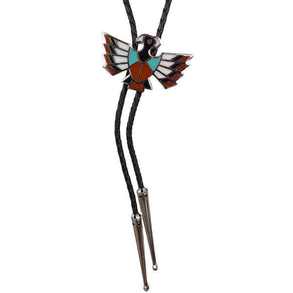 Black Silver Tone Thunderbird Inlay Western Bolo Tie Braided Leather Cord