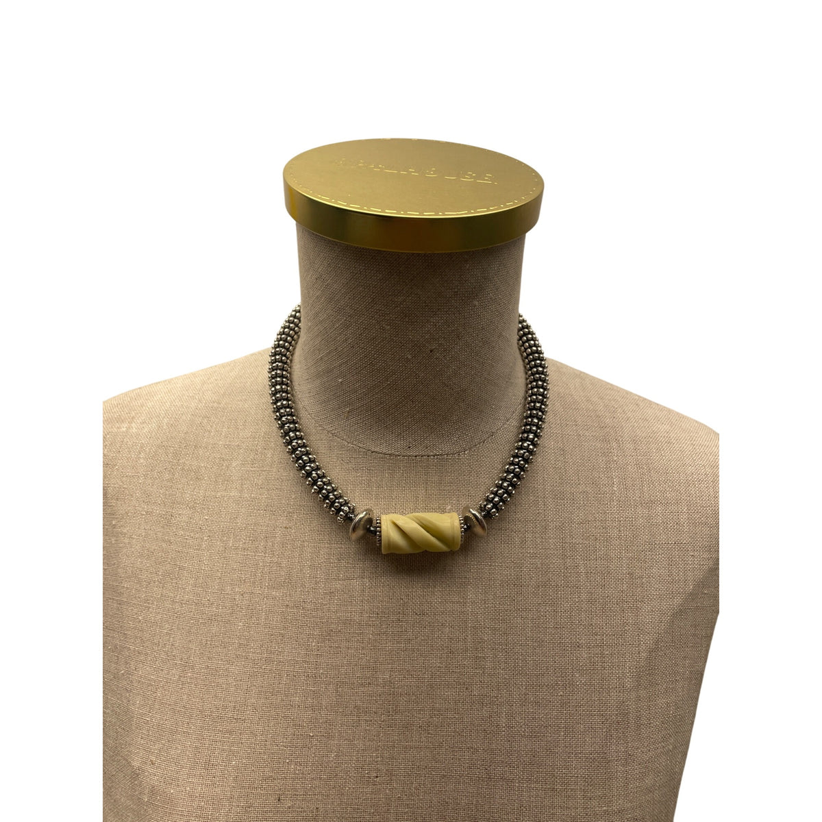 Vintage Silver Beaded Necklace With Yellow Centerpiece & Adjustable Chain Clasp