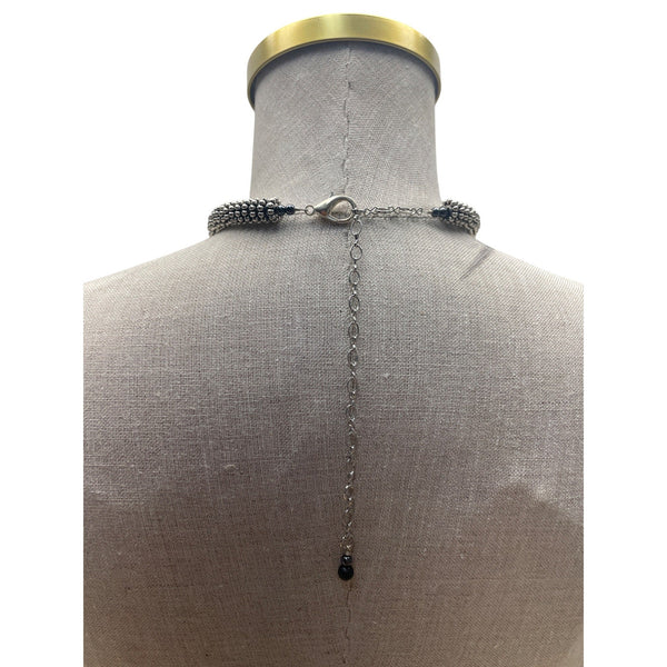 Vintage Silver Beaded Necklace With Yellow Centerpiece & Adjustable Chain Clasp