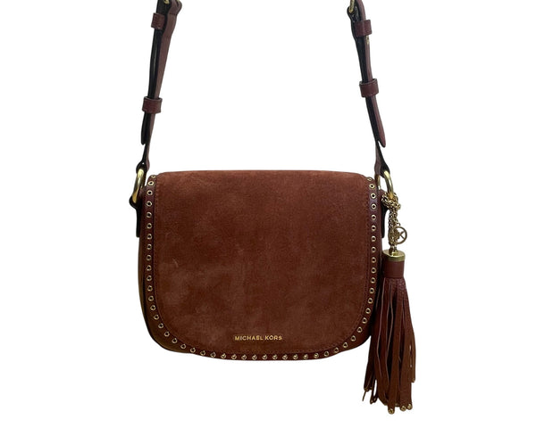 Michael Kors Women’s Rust Suede & Leather Saddle & Tassel Detail Crossbody Bag