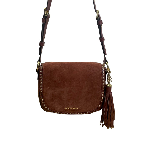 Michael Kors Women’s Rust Suede & Leather Saddle & Tassel Detail Crossbody Bag