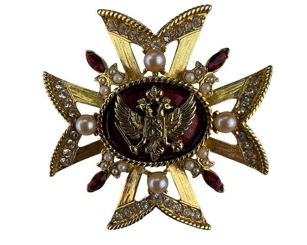 Gold Tone Red & White Faux Pearl Rhinestone Cross Lapel Pin Brooch Ornate Design