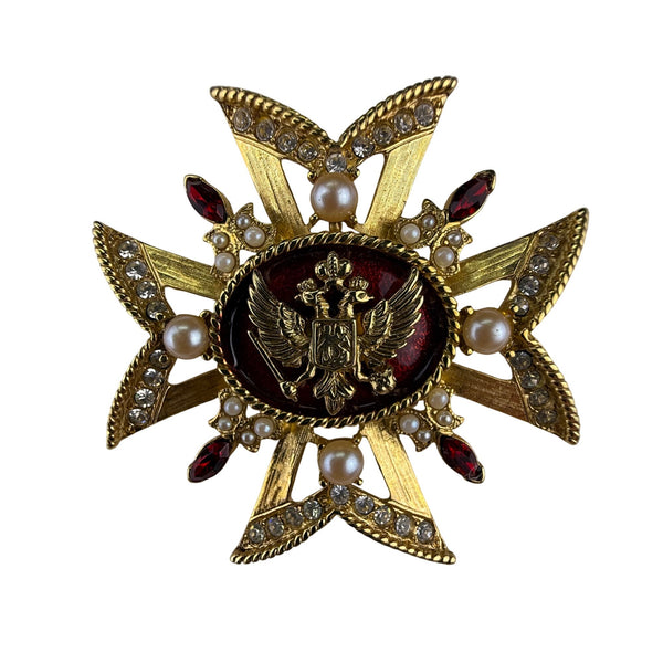 Gold Tone Red & White Faux Pearl Rhinestone Cross Lapel Pin Brooch Ornate Design