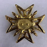 Gold Tone Red & White Faux Pearl Rhinestone Cross Lapel Pin Brooch Ornate Design