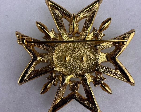 Gold Tone Red & White Faux Pearl Rhinestone Cross Lapel Pin Brooch Ornate Design