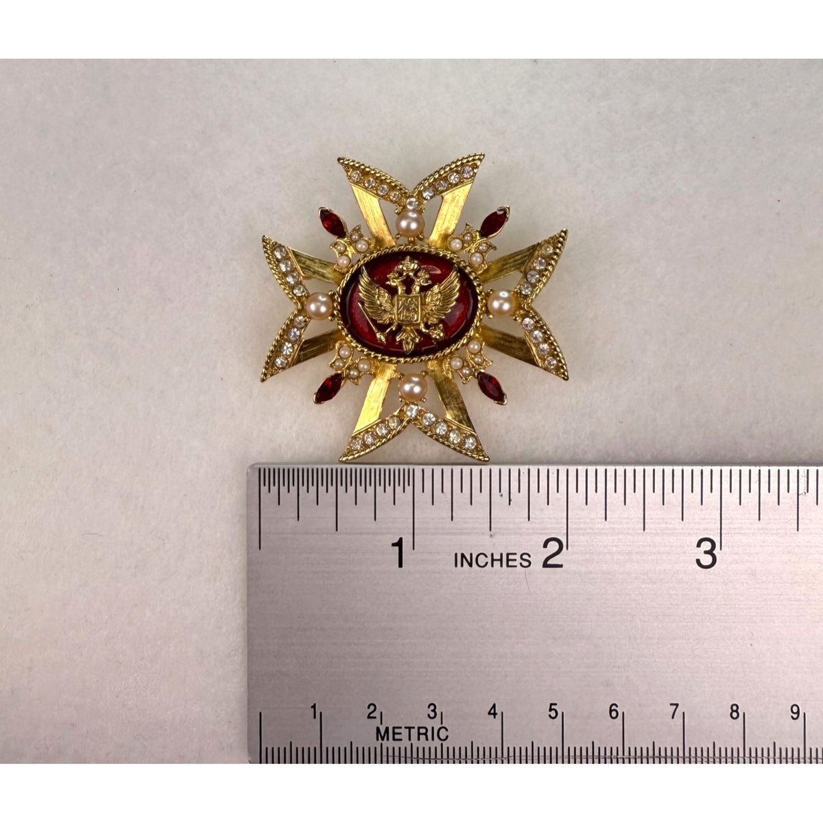 Gold Tone Red & White Faux Pearl Rhinestone Cross Lapel Pin Brooch Ornate Design