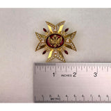 Gold Tone Red & White Faux Pearl Rhinestone Cross Lapel Pin Brooch Ornate Design