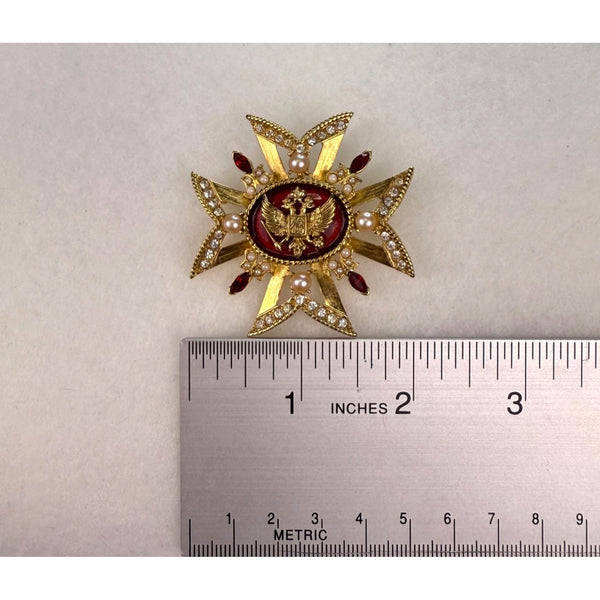 Gold Tone Red & White Faux Pearl Rhinestone Cross Lapel Pin Brooch Ornate Design