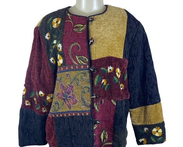 Julie Kin Womens Multicolor Floral Embroidered Jacket Button Front Sz L