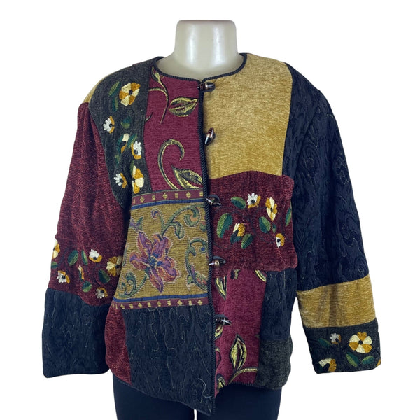 Julie Kin Womens Multicolor Floral Embroidered Jacket Button Front Sz L