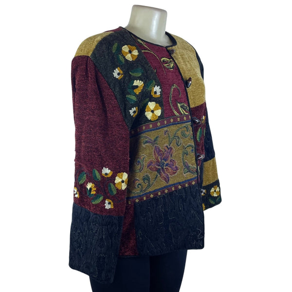 Julie Kin Womens Multicolor Floral Embroidered Jacket Button Front Sz L